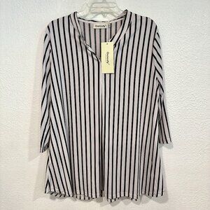 NWT Ouncuty V-Neck Tunic Top Black White Stripes Stretch Roll Tab Sleeves Sz 2XL